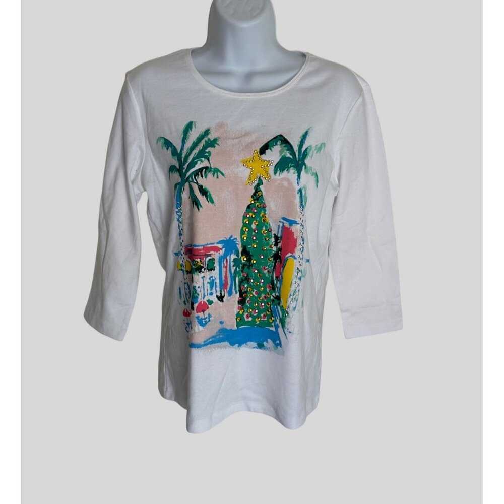 Karen Scott Women's Petite Christmas Graphic Tee Shirt Cotton Polyester White PP